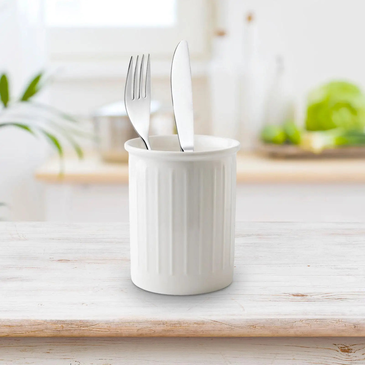 Ceramic Cutlery Holder with Drainage Holes, Countertop Utensil Caddy for Forks, Spoons and Chopsticks