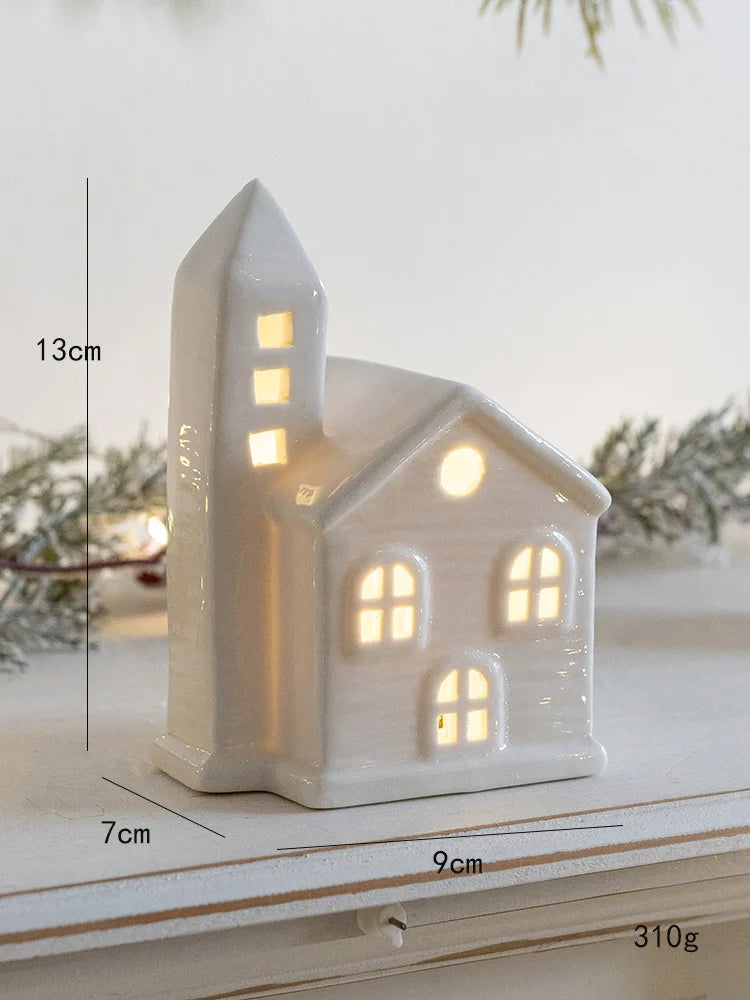 White Ceramic Christmas House with LED Light, Glowing Village House for Mantel, Shelf and Windowsill, House or Church