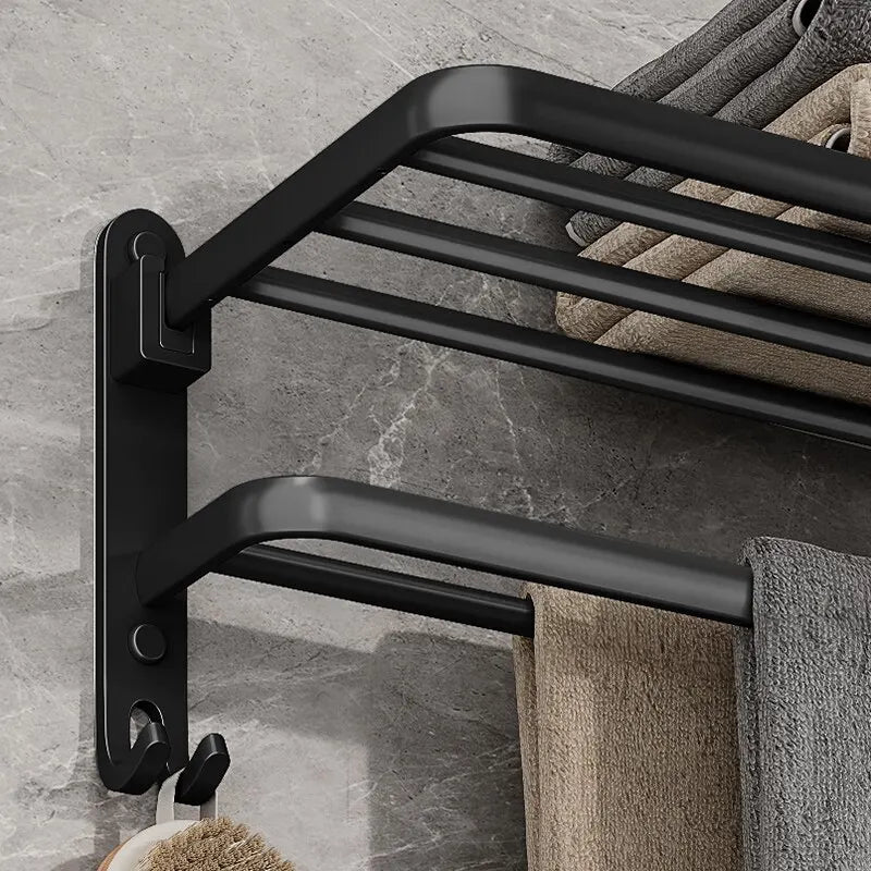 Black Wall-Mounted Towel Rack with Shelf, 50 cm Foldable Towel Holder with Hooks