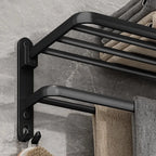 Black Wall-Mounted Towel Rack with Shelf, 50 cm Foldable Towel Holder with Hooks