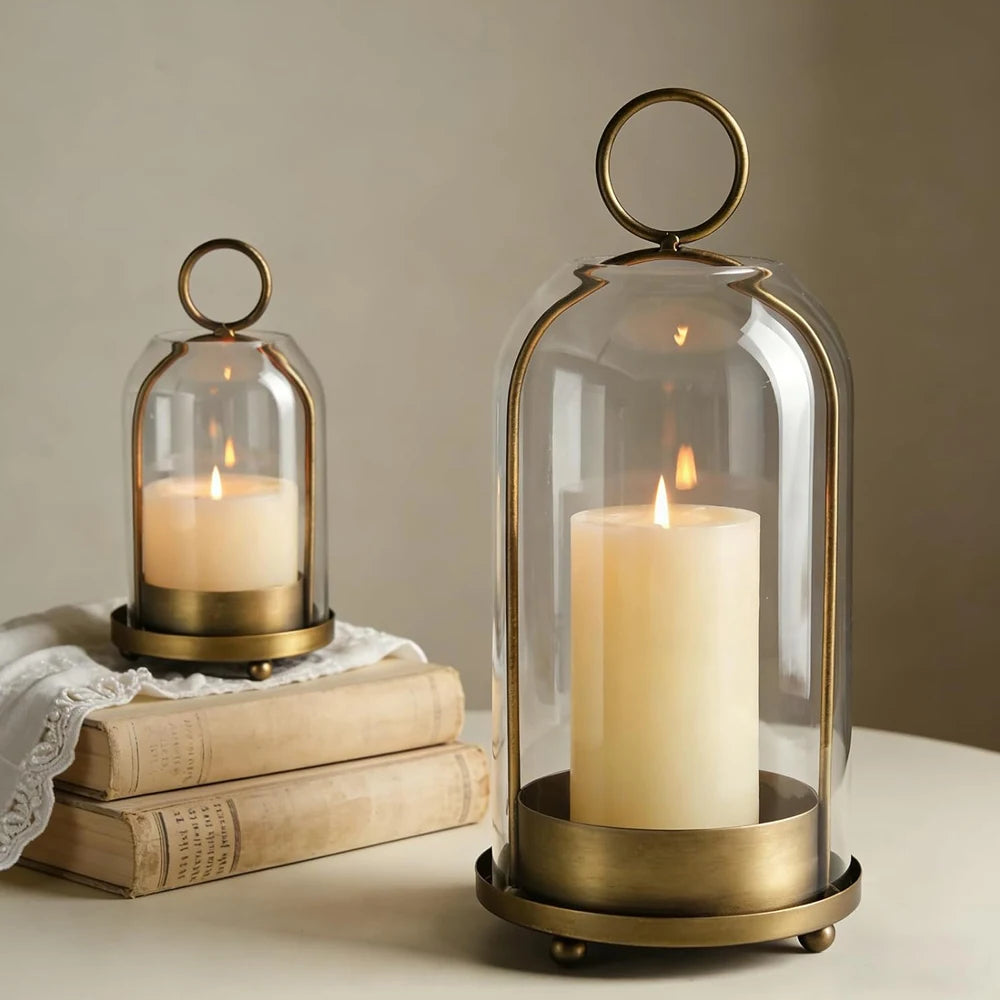 Metal Candle Holder with Glass Dome, Pillar Candle Hurricane for Table and Mantel, Gold or Black, Small or Large