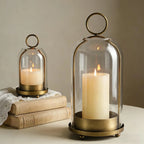 Metal Candle Holder with Glass Dome, Pillar Candle Hurricane for Table and Mantel, Gold or Black, Small or Large