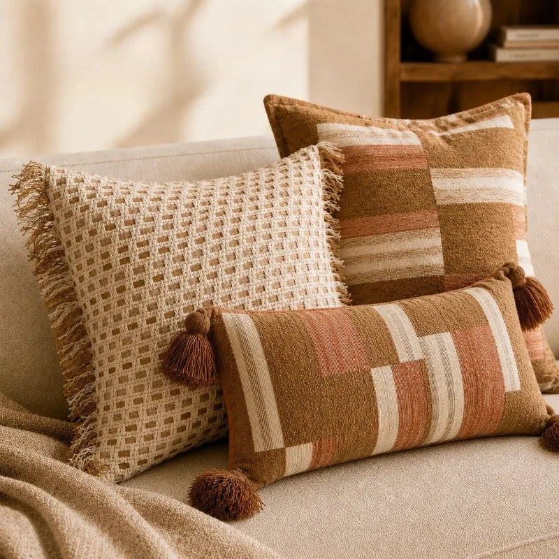 Chenille Jacquard Pillow Cover with Tassels, Boho Geometric Throw Pillow Case for Sofa and Bed, Square or Lumbar