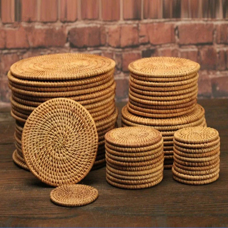 Handwoven Rattan Coasters, Natural Round Drink and Pot Mats for Dining Table and Kitchen