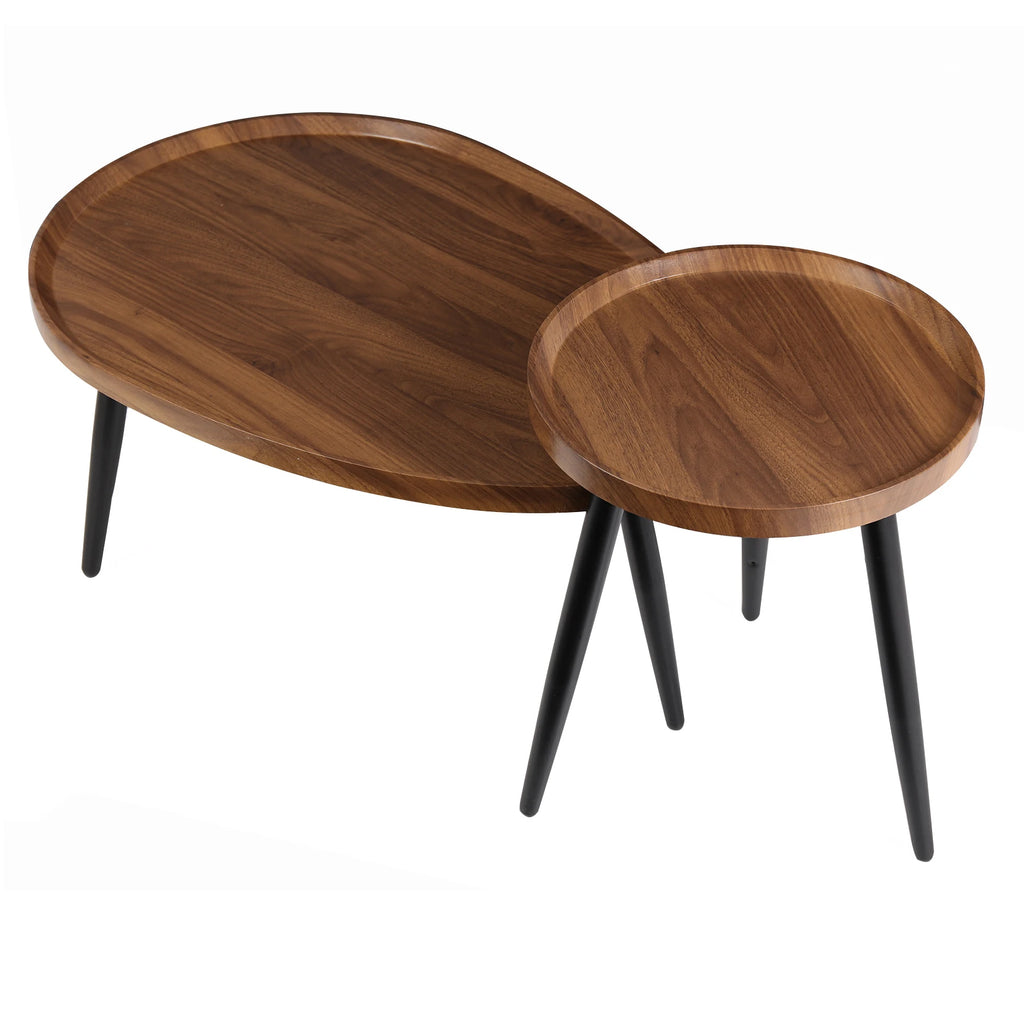 Nesting Coffee Table Set of 2, Oval and Round Walnut-Finish Tables with Black Metal Legs for Living Room