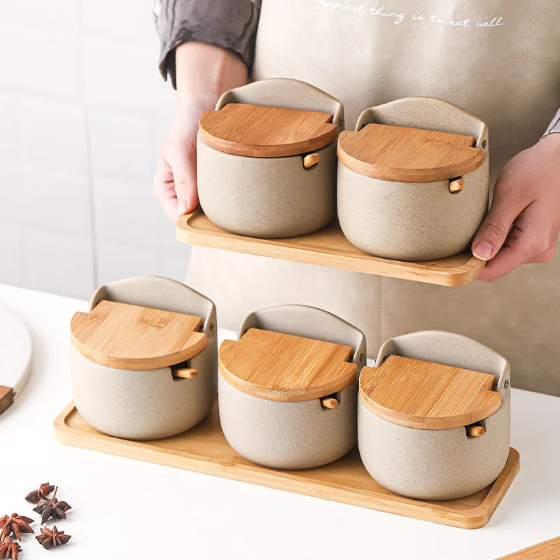 Ceramic Jars with Wood-Tone Lids, Kitchen Canisters for Sugar, Salt, Coffee and Tea, Single Jar or Set of 2 or 3 with Tray