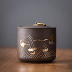 Ceramic Storage Jar with Lid, Canister for Tea, Nuts and Sweets, Brown or Beige, Crane or Wave Pattern