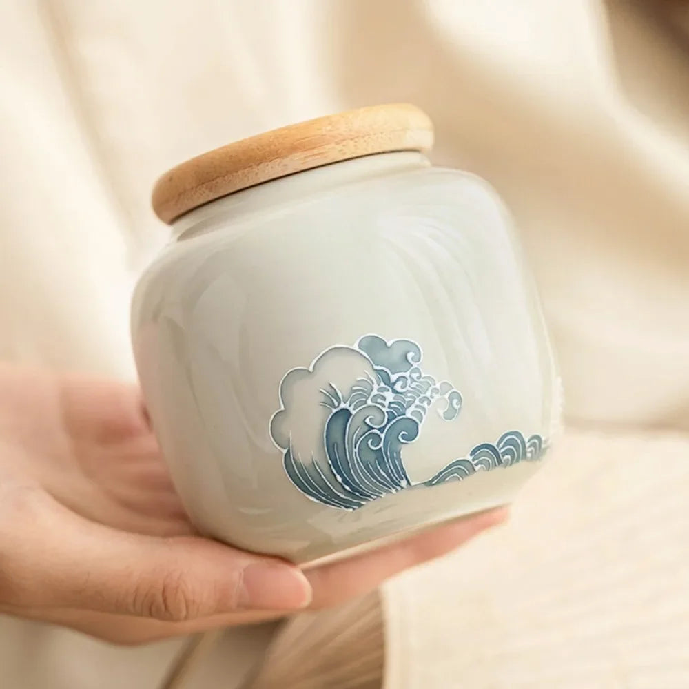 Wave Relief Ceramic Jar with Wood-Tone Lid, Canister for Tea, Coffee and Snacks