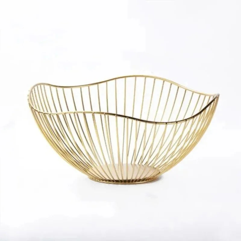 Wire Fruit Basket with Wavy Rim, Nordic Countertop Bowl for Fruit, Bread and Snacks, Gold or Black
