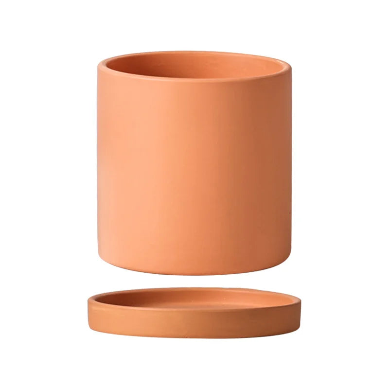 Matte Ceramic Planter with Saucer, Cylinder Flower Pot with Drainage Hole for Succulents and Houseplants, Four Colors, 8 cm
