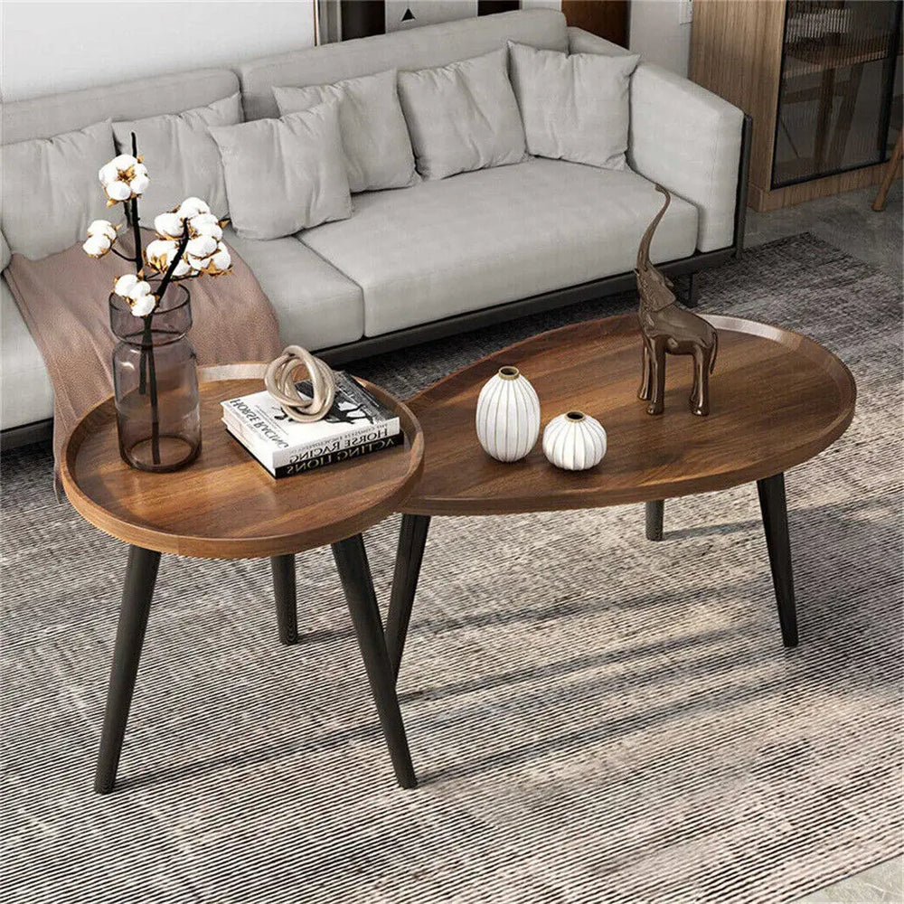 Nesting Coffee Table Set of 2, Oval and Round Walnut-Finish Tables with Black Metal Legs for Living Room