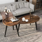 Nesting Coffee Table Set of 2, Oval and Round Walnut-Finish Tables with Black Metal Legs for Living Room