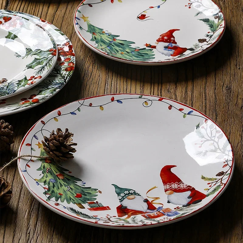 Christmas Ceramic Dinner Plates, Underglaze Holiday Plates for Christmas Dinner and Desserts, Four Designs