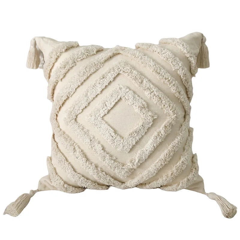 Tufted Cotton Pillow Cover with Tassels, Retro Textured Throw Pillow Case for Sofa and Bed, 45 x 45 cm, Zigzag, Diamond or Lattice