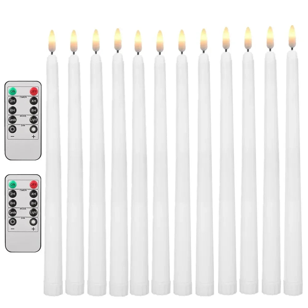 Flameless LED Taper Candles with Remote, Flickering Battery Candlesticks for Christmas Table and Mantel, White or Ivory, Set of 6 or 12