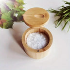 Wooden Salt Box with Swivel Lid and Spoon, 9 cm Round Salt Cellar for Salt, Pepper and Sugar