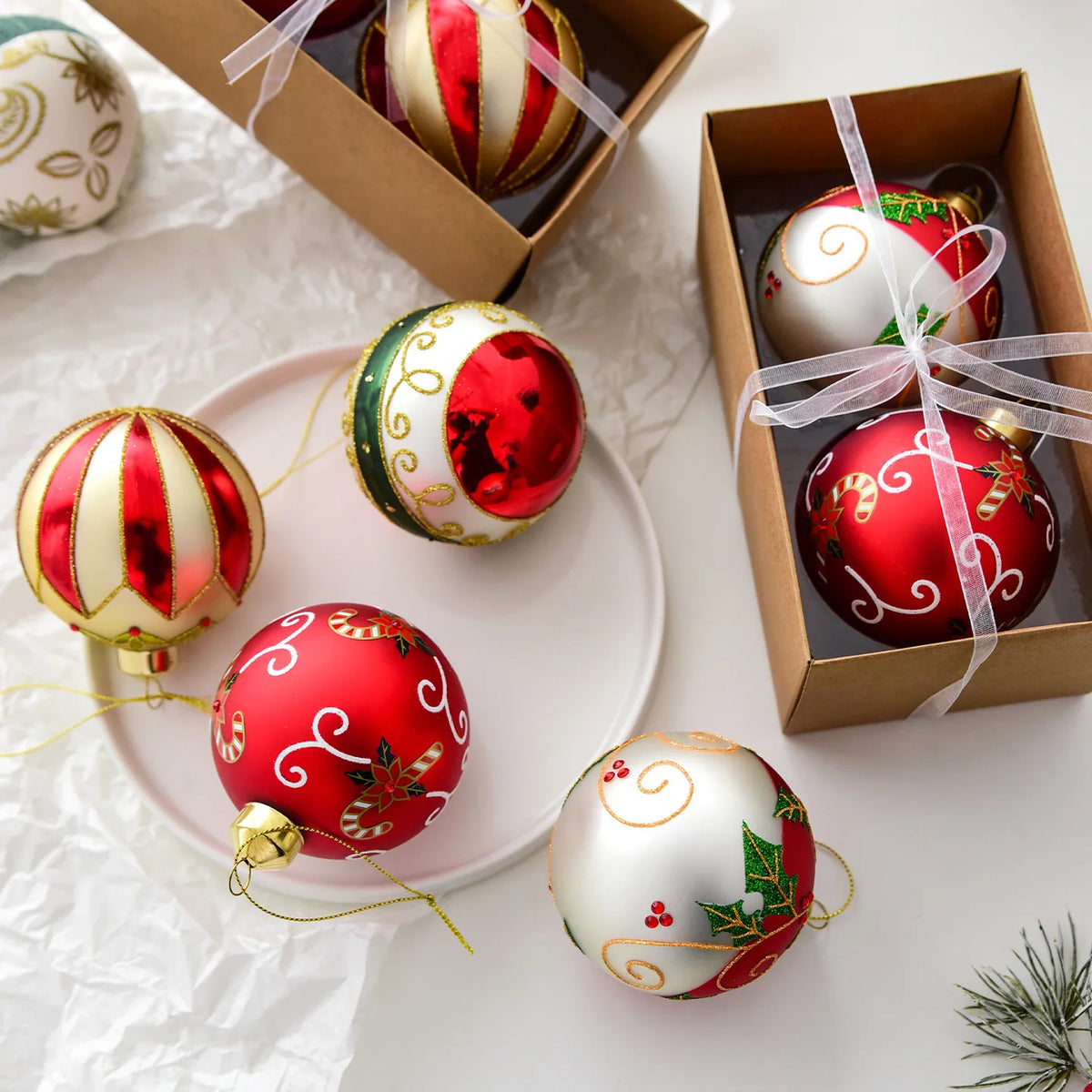 Painted Christmas Balls Set of 2, 8 cm Christmas Tree Ornaments, Four Designs