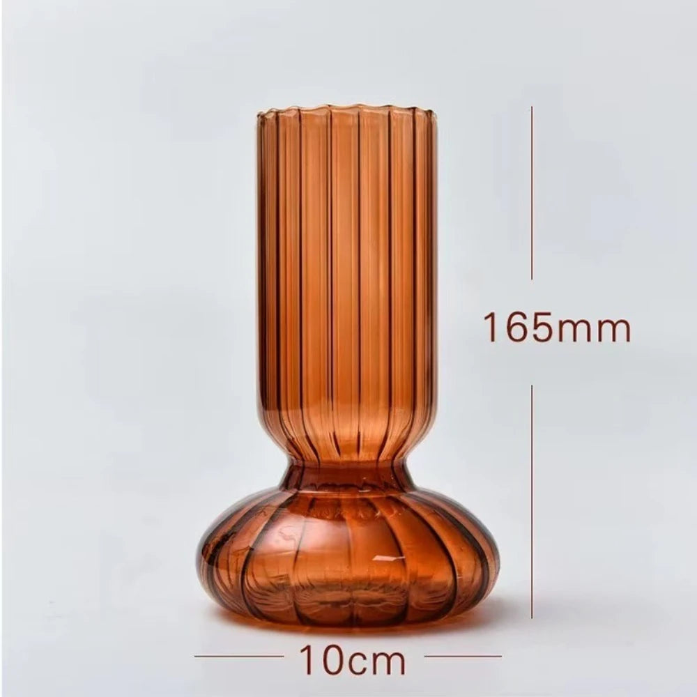 Striped Colored Glass Vase, Retro Bud Vase for Flowers and Hydroponic Plants, Teal, Smoke Grey, Pink or Amber