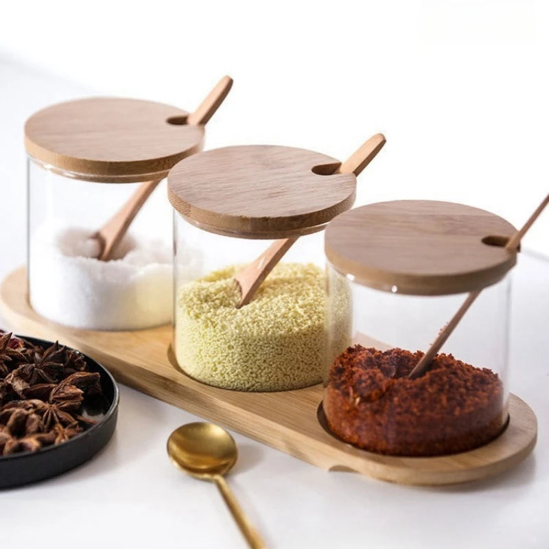Glass Condiment Jars with Bamboo Lids, Spoons and Tray, Set of 3 Spice Jars for Salt, Sugar and Herbs, Round or Square Tray