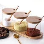 Glass Condiment Jars with Bamboo Lids, Spoons and Tray, Set of 3 Spice Jars for Salt, Sugar and Herbs, Round or Square Tray