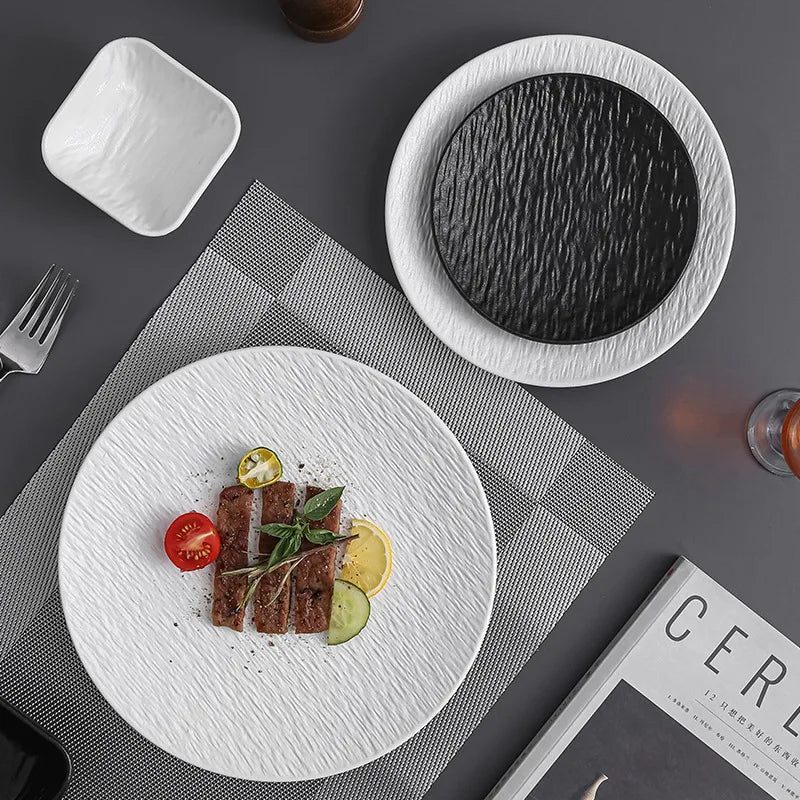 Matte Textured Ceramic Dinner Plate, Round Serving Plate for Steak, Pasta and Grilled Dishes, Black or White, Two Sizes