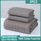 Waffle Cotton Towel Set of 3, 1 Bath Towel and 2 Hand Towels, Absorbent Quick-Dry Bathroom Towels, Cream, Taupe, Mint or Dark Blue