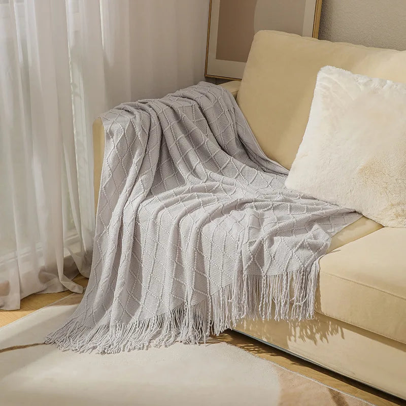 Knitted Throw Blanket with Tassels, Diamond Knit Sofa and Bed Throw, Cream White, Beige, Light Grey or Dark Green