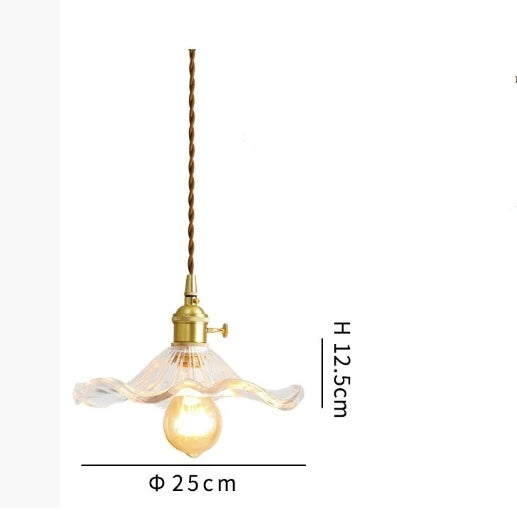 Ribbed Glass Flower Pendant Light, Brass Fitting Ceiling Lamp for Bathroom, Hallway and Bedroom, Clear or Amber Glass
