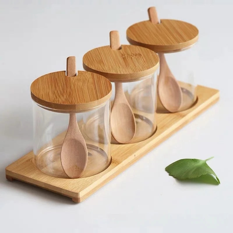 Glass Condiment Jars with Bamboo Lids, Spoons and Tray, Set of 3 Spice Jars for Salt, Sugar and Herbs, Round or Square Tray