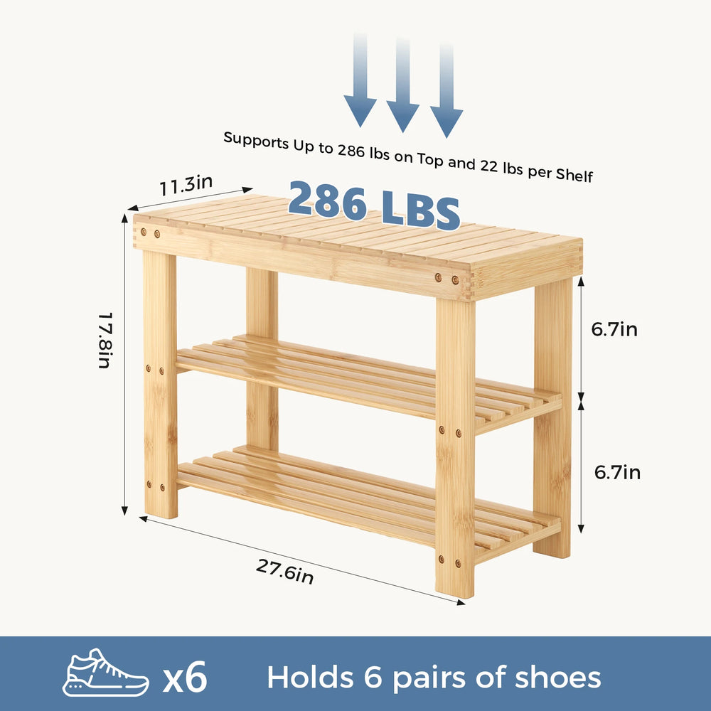 Bamboo Shoe Bench with 3 Tiers, 27-Inch Entryway Shoe Rack with Seat for Hallway and Bedroom, Natural or Brown