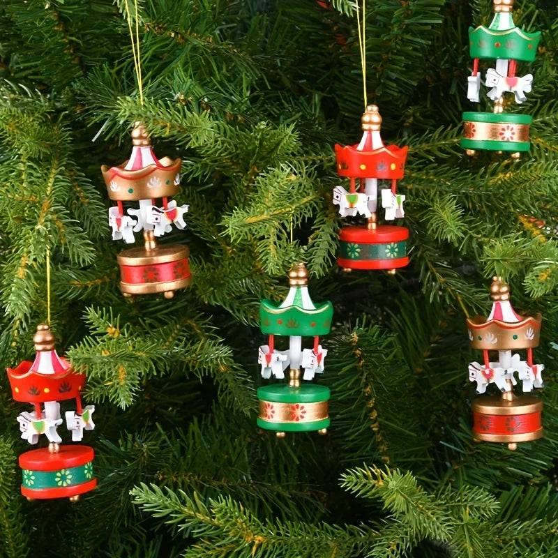 Wooden carousel ornaments, set of 6