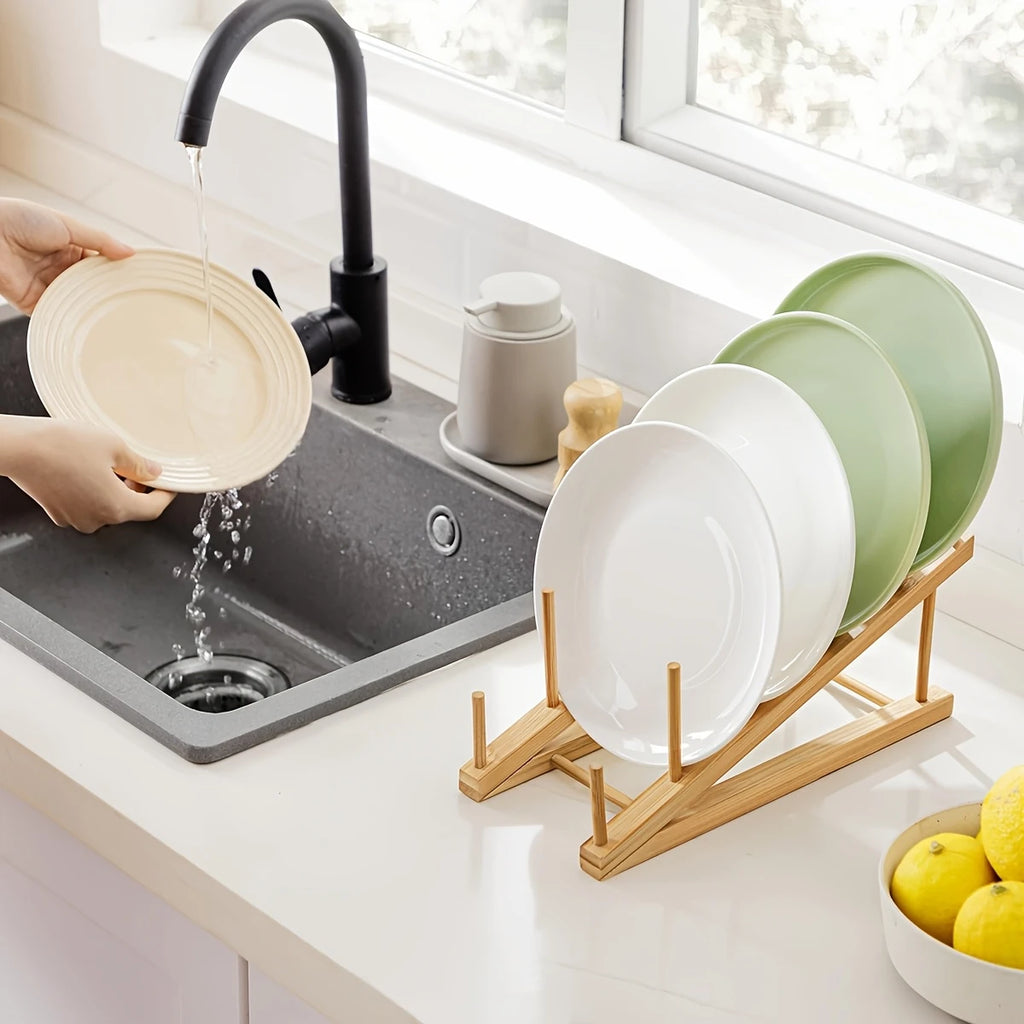 Bamboo Dish Drying Rack, Plate Rack for Plates, Lids, Cutting Boards and Books, Single or Set of 2