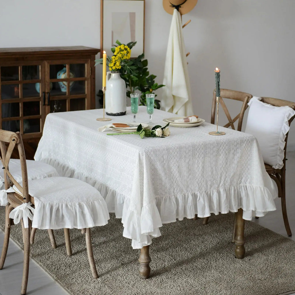 Ruffled White Cotton Tablecloth with Lace Trim, French Farmhouse Table Cover for Dining Table, Holidays and Christmas, Four Sizes
