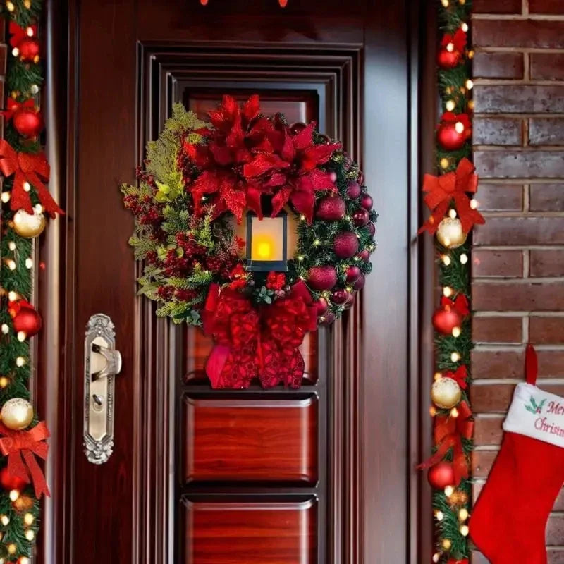 Christmas Wreath with Poinsettias, Red Bow and Lantern, Holiday Front Door and Wall Wreath, Four Sizes