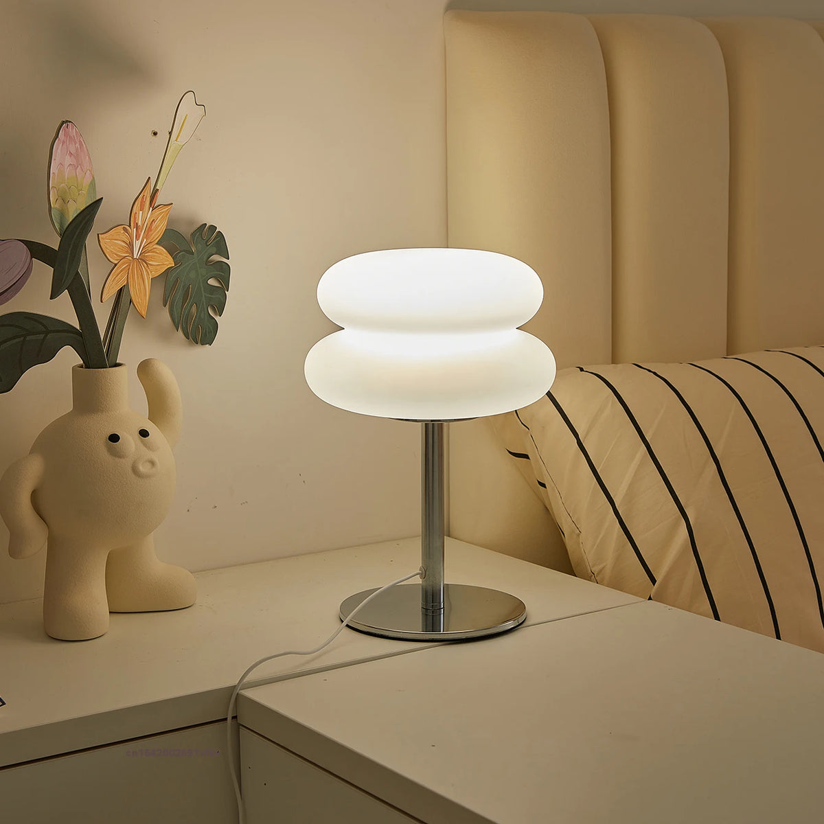 Bauhaus Mushroom Table Lamp, Dimmable Layered Bedside Light with Chrome Stand for Bedroom and Living Room, White or Orange