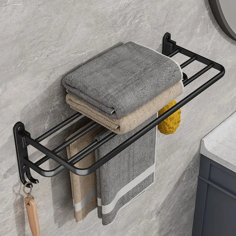 Black Wall-Mounted Towel Rack with Shelf, 50 cm Foldable Towel Holder with Hooks