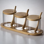 Glass Condiment Jars with Bamboo Lids, Spoons and Tray, Set of 3 Spice Jars for Salt, Sugar and Herbs, Round or Square Tray