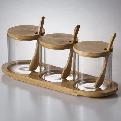Glass Condiment Jars with Bamboo Lids, Spoons and Tray, Set of 3 Spice Jars for Salt, Sugar and Herbs, Round or Square Tray