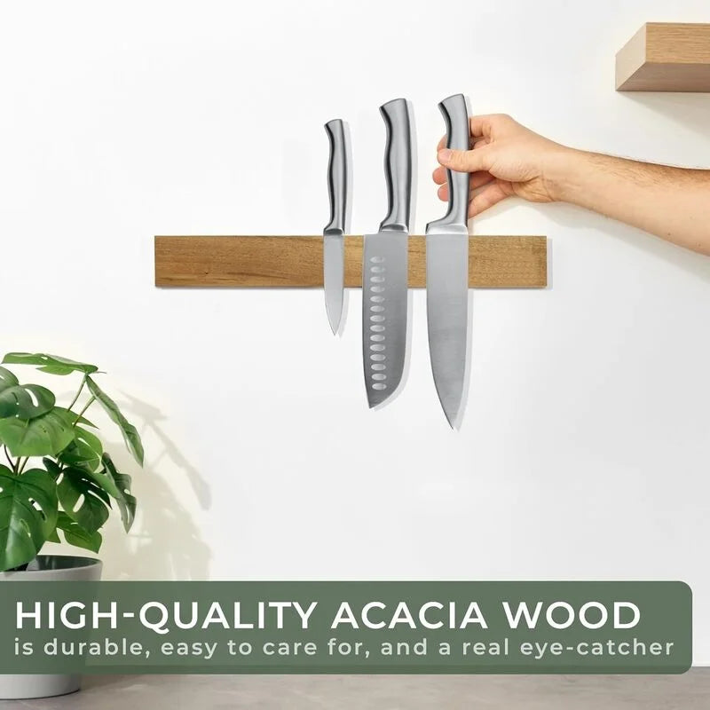 Magnetic Knife Strip, 40 cm Acacia Wood Wall-Mounted Knife Holder for Kitchen