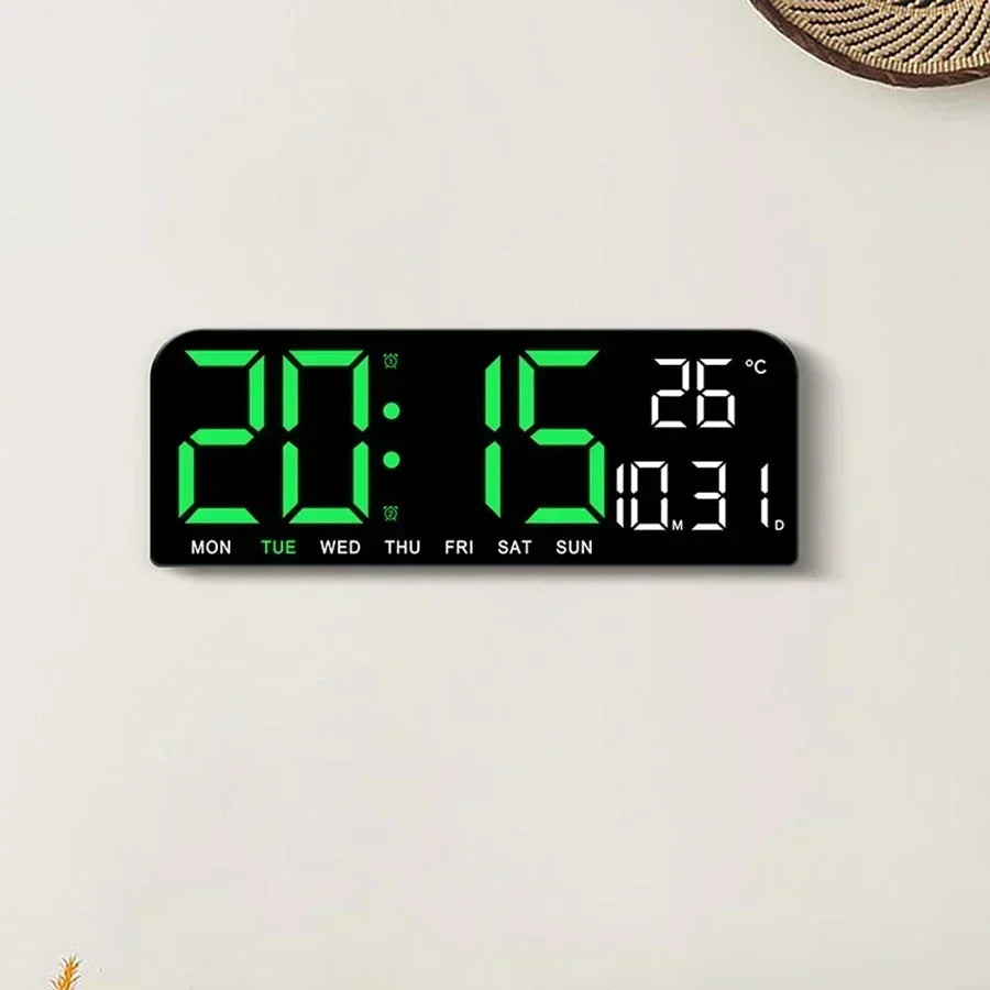 Large LED Digital Wall Clock, Date, Week and Temperature Display with Two Alarms and Countdown, Adjustable Brightness, Blue or Green