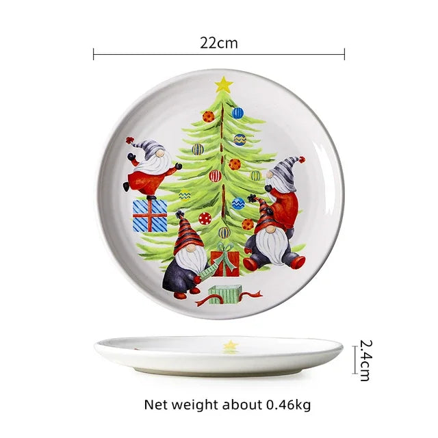 Christmas Ceramic Dinner Plates, Underglaze Holiday Plates for Christmas Dinner and Desserts, Four Designs