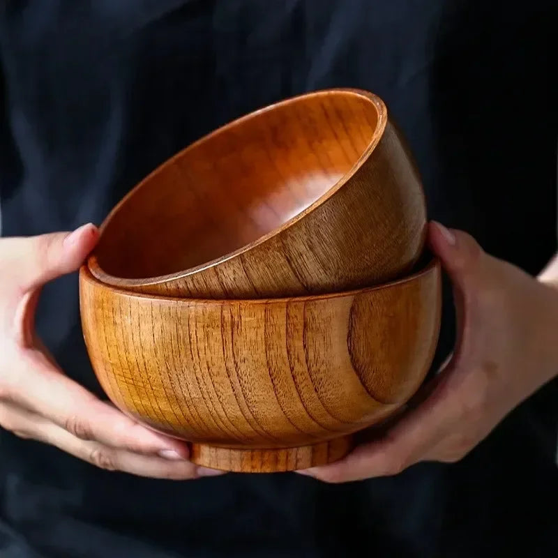 Japanese-Style Wooden Bowl, Round Bowl for Soup, Rice and Salad, Three Sizes