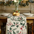 Christmas table runner with holly and berries