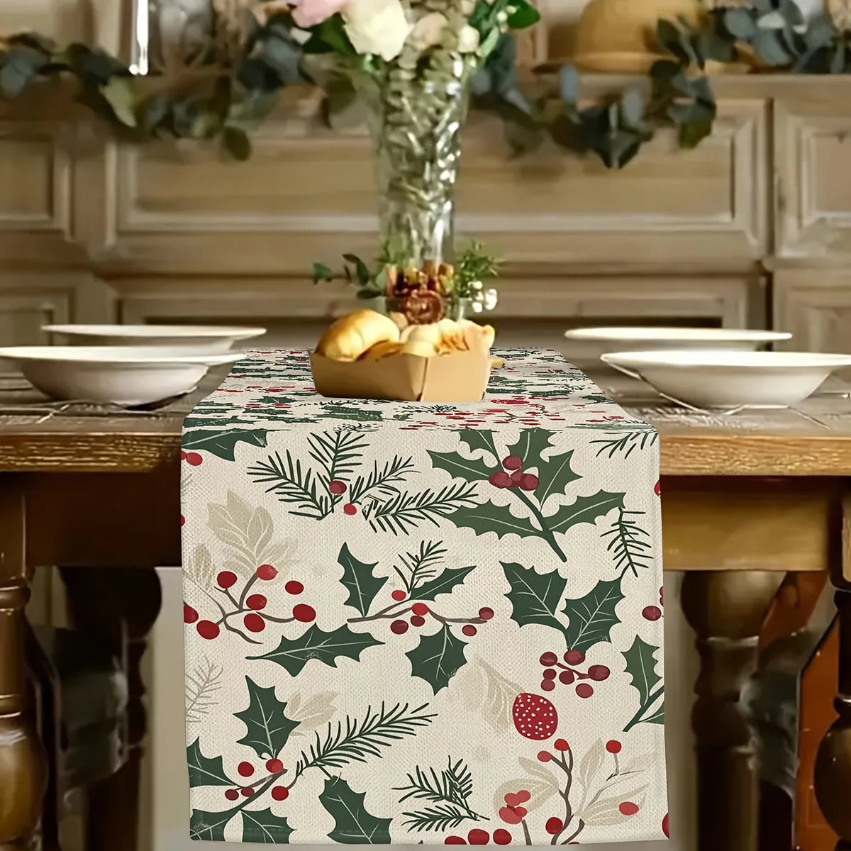 Christmas table runner with holly and berries