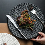 Stone Grain Ceramic Dinner Plate, Rustic Stoneware-Look Serving Plate for Steak, Pasta and Salad, Black or White, Two Sizes