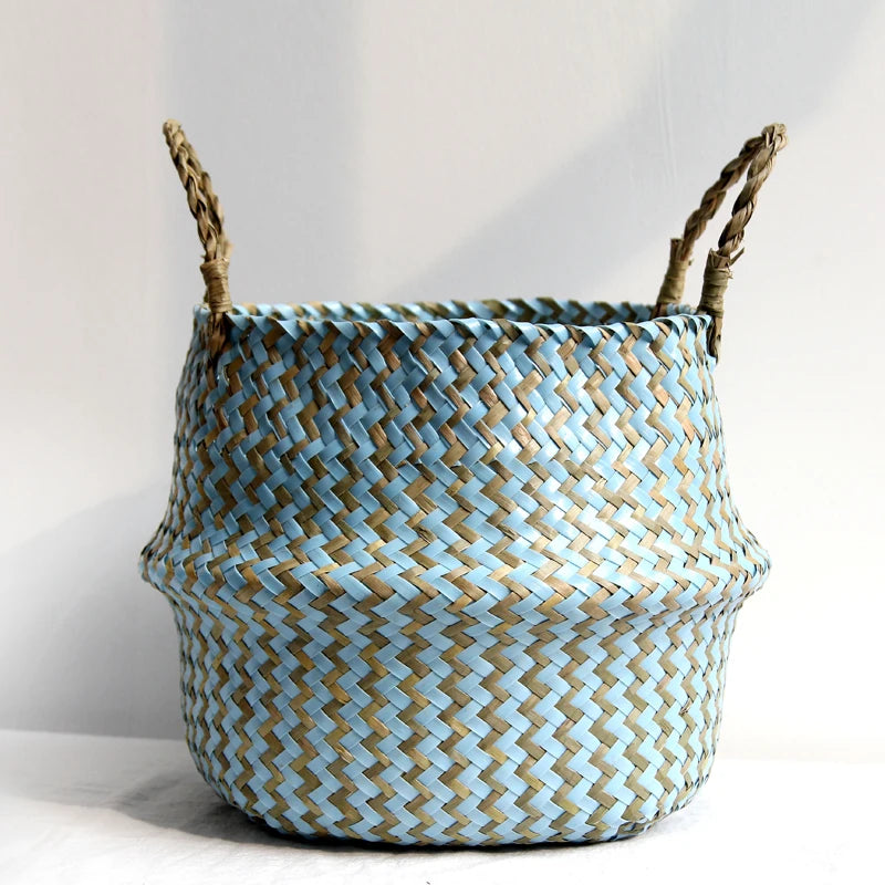Boho Striped Wicker Basket, Handmade Collapsible Seagrass Laundry and Plant Basket, White or Blue with Brown