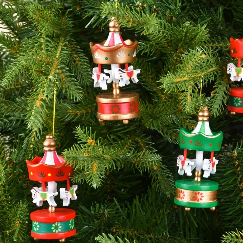 Wooden carousel ornaments, set of 6