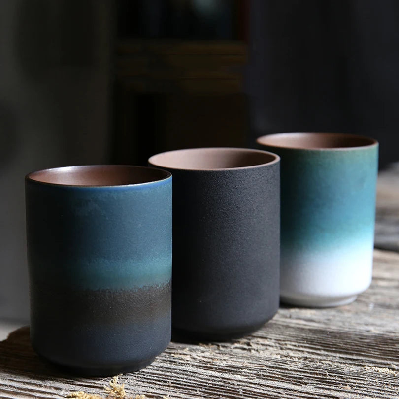 Kiln-Glazed Ceramic Cup, 200 ml Japanese-Style Coffee and Tea Cup, Blue and White, Black or Dark Blue