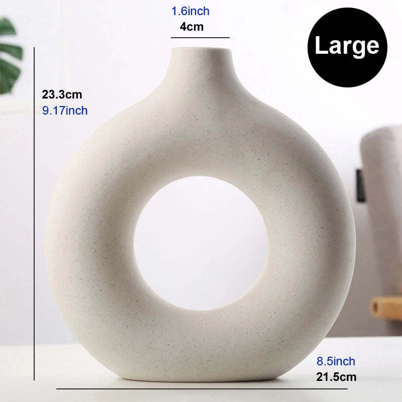 Ceramic Donut Vase, Nordic Round Hollow Vase for Pampas Grass and Dried Flowers, Black or White, Small or Large
