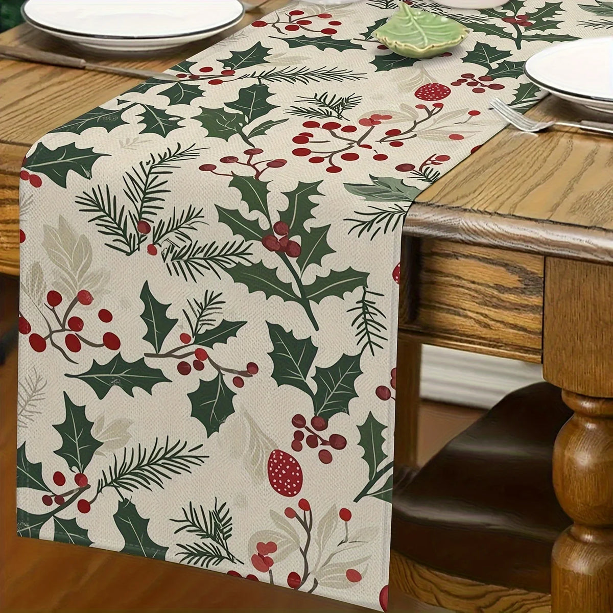 Christmas table runner with holly and berries